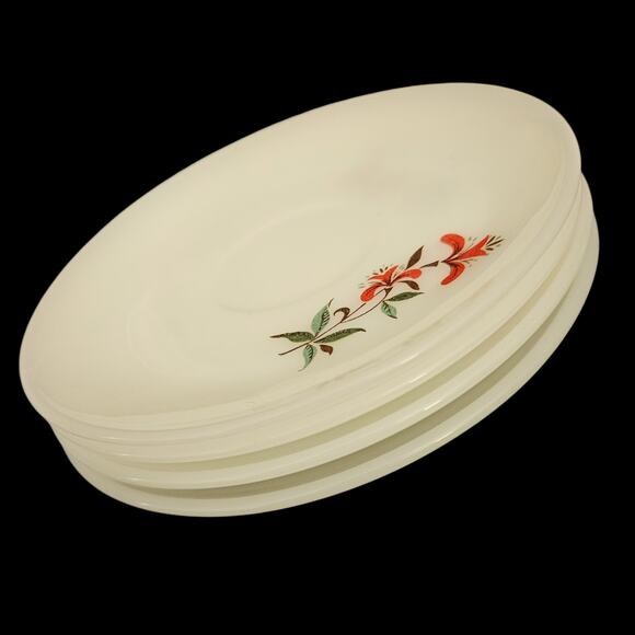 Fire-King Primrose 5.75 Saucers Set of 4 White Red Floral Milk Glass USA Vintage - Picture 4 of 6